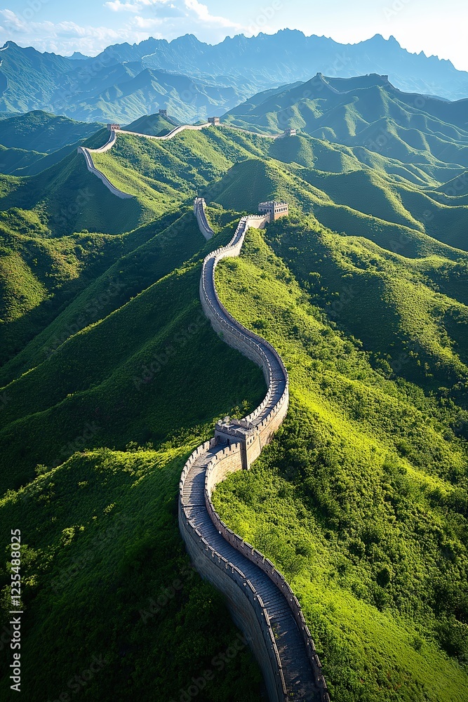 Majestic view of the Great Wall winding through green mountains under a clear blue sky Majestic view of the Great Wall winding through green mountains under a clear blue sky