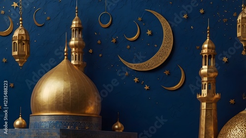 Luxurious Eid Mubarak Background with Golden Crescent Moon, Mosque, and Lanterns