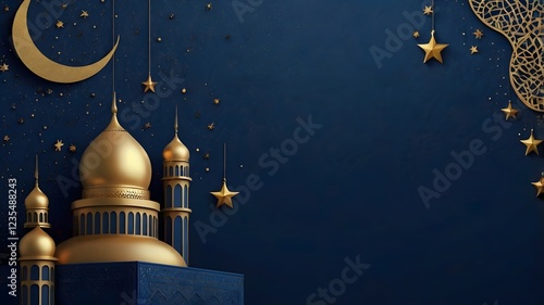 Elegant Eid Mubarak Background with Golden Mosque, Crescent Moon, and Stars