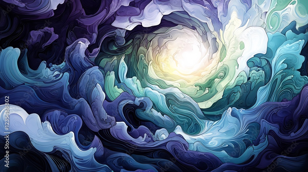 Obraz premium Abstract swirling vortex art deep blues purples soft light glows mysteriously. AI Generated