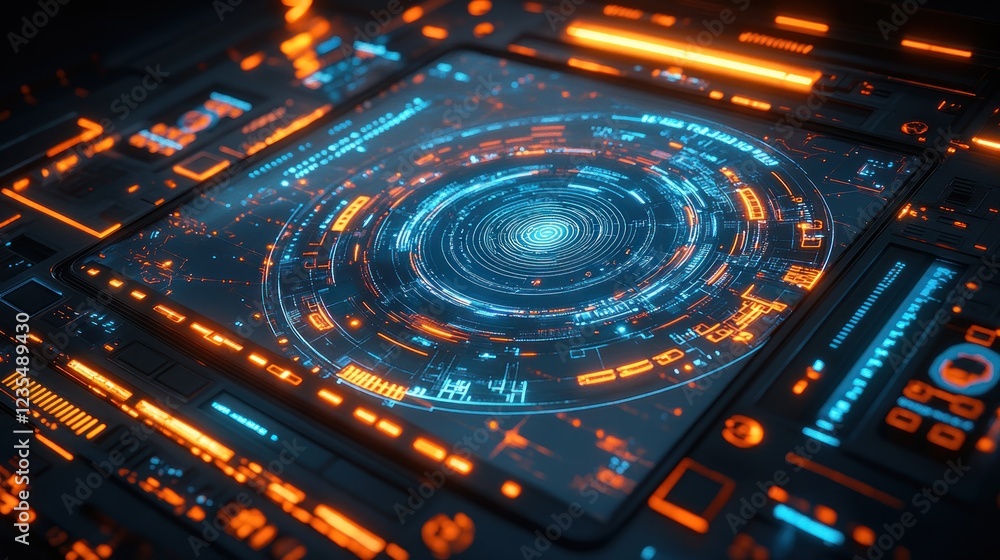 Fototapeta premium Futuristic technology interface with glowing circular display.