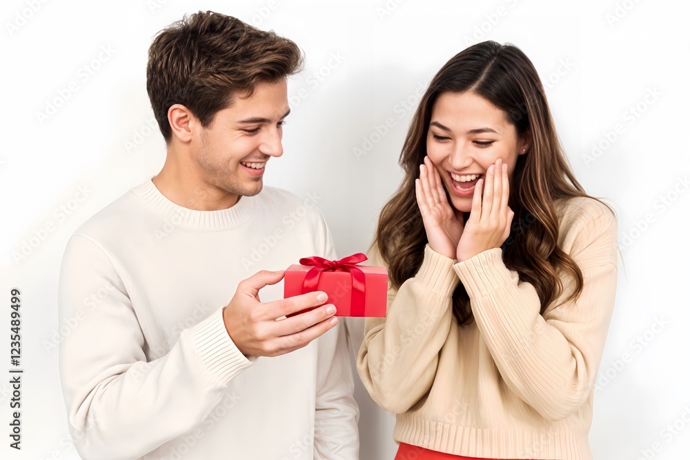 Surprise gift for a joyful woman receiving a present from her boyfriend Surprise gift for a joyful woman receiving a present from her boyfriend