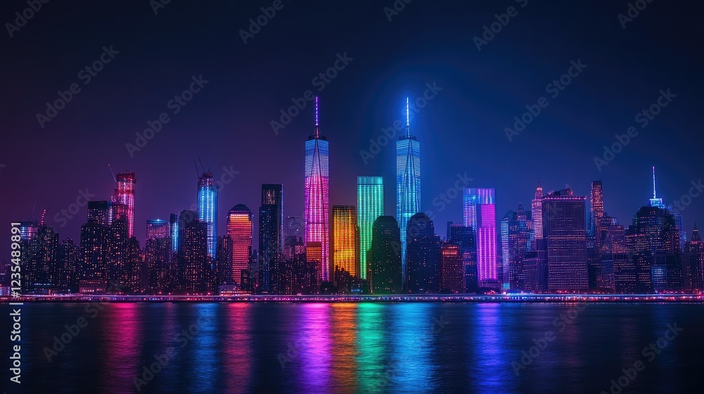 Fototapeta premium A stunning cityscape featuring skyscrapers glowing in LGBTQ pride colors, set against a dark night sky.
