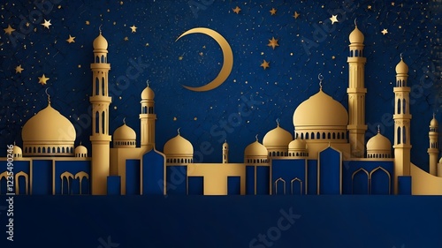 Stunning Eid Mubarak Background with Golden Mosque and Crescent Moon