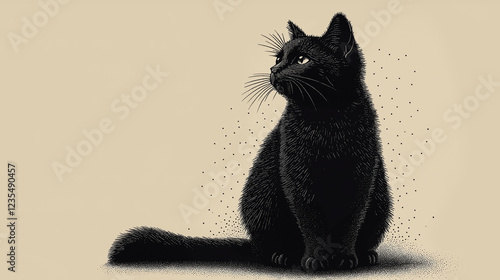 A monochrome stippled illustration of a black cat, blending vintage engraving techniques with minimalist artistry to create a mysterious and elegant feline portrait.