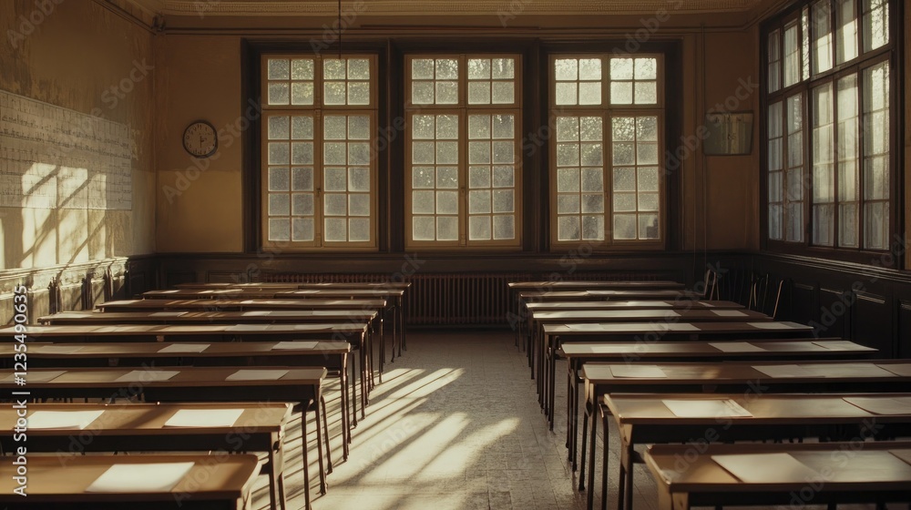 Obraz premium An empty classroom prepared for an exam, with desks spaced apart and neatly arranged answer sheets on each.