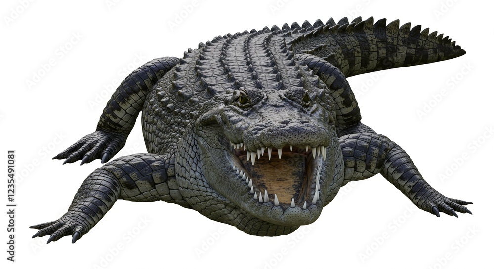 Fototapeta premium Powerful Nile Crocodile Open Mouth Isolated on White Background Detailed Reptile Texture Wildlife