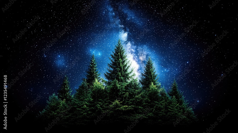 Fototapeta premium Majestic Milky Way over dark forest at night, nature background, ideal for travel brochures
