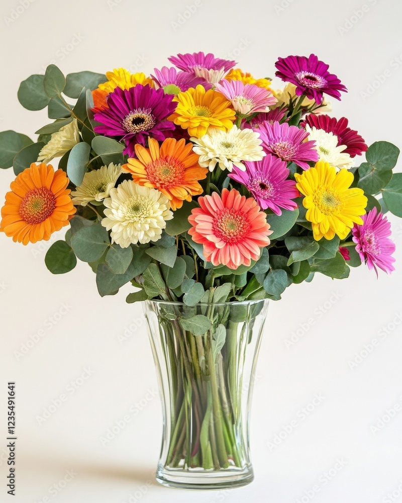 Obraz premium A vibrant bouquet of colorful gerbera daisies arranged in a clear vase, complemented by eucalyptus leaves, creating a cheerful floral display.