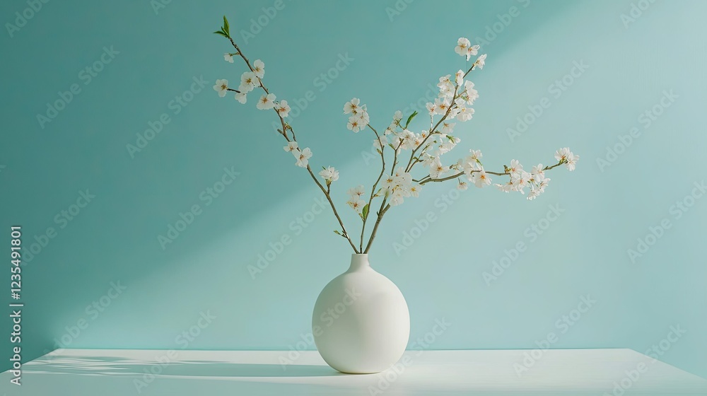 Clean, minimal composition of cherry blossom branches in a small white vase on a white tabletop against a mint blue wall, front view. Clean, minimal composition of cherry blossom branches in a small white vase on a white tabletop against a mint blue wall, front view.