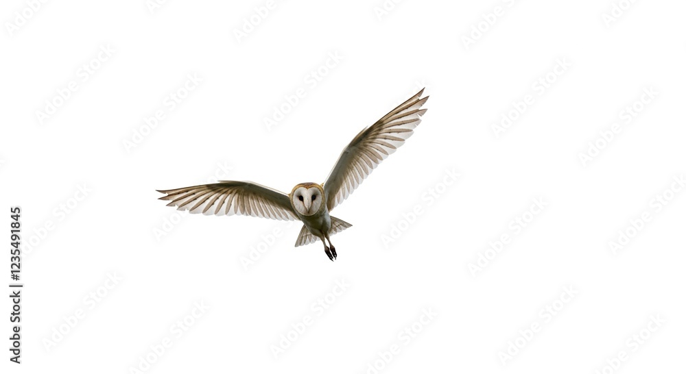 Obraz premium Barn Owl in Flight Wings Spread Wide White Background Majestic Bird