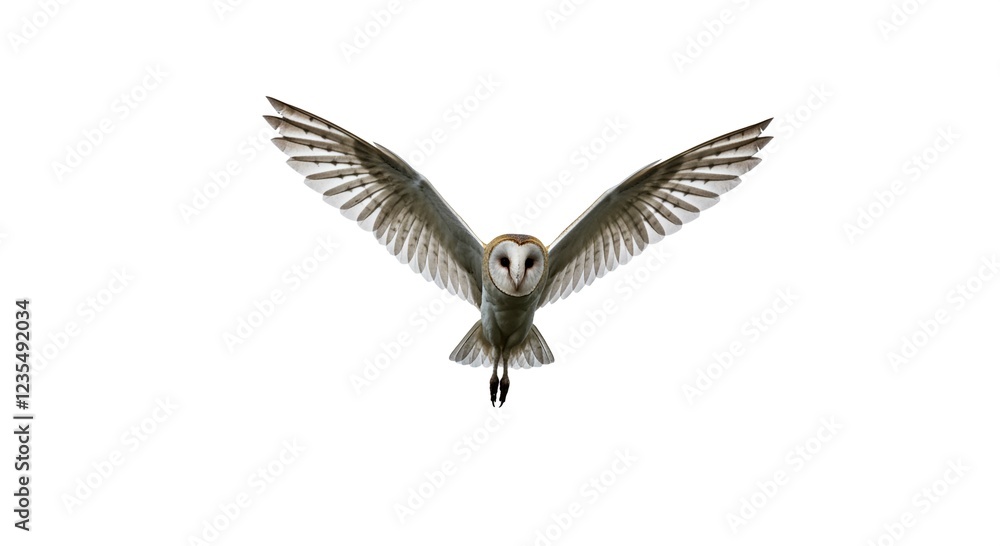 Obraz premium Majestic Barn Owl in Flight Wings Spread Wide Isolated on White Background
