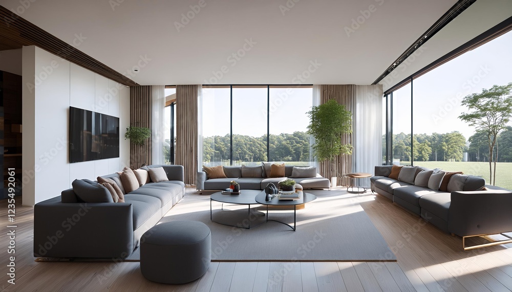 Fototapeta premium A spacious modern living room with floor to ceiling windows overlooking a tranquil green landscape
