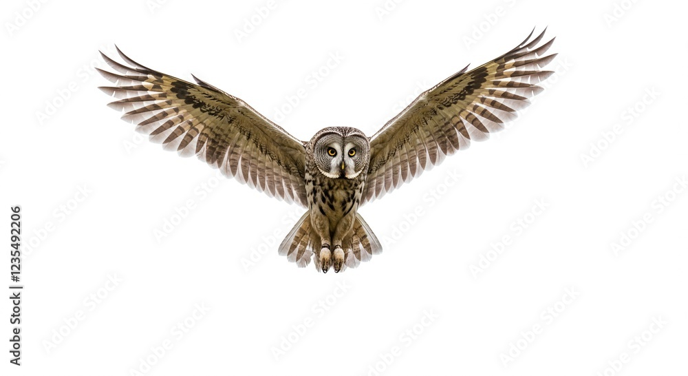 Obraz premium Majestic Great Grey Owl in Flight Wings Spread Wide Isolated on White Background