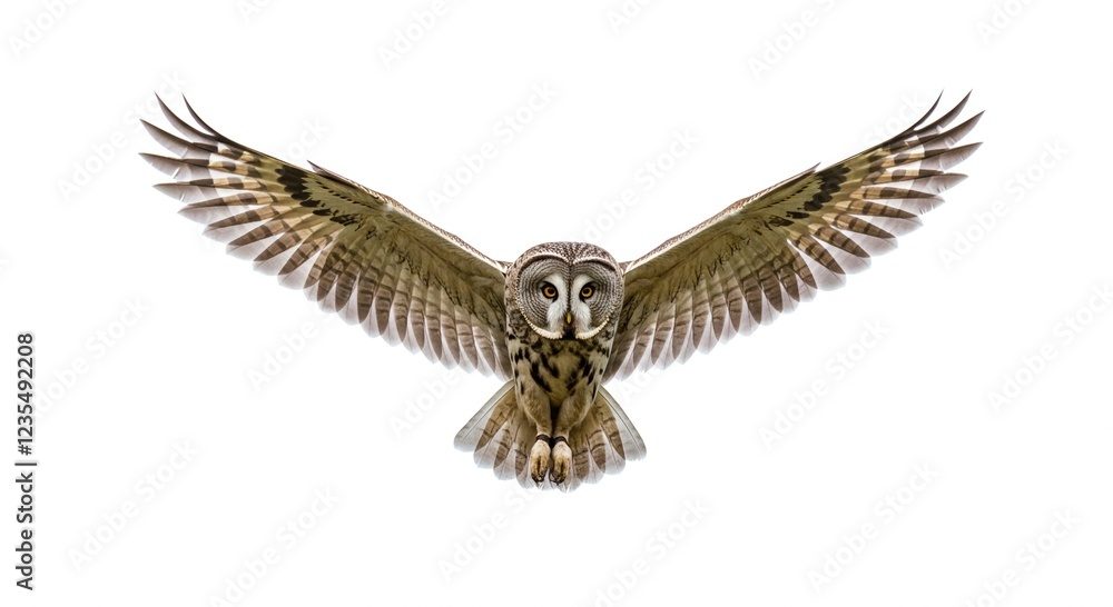 Obraz premium Majestic Great Grey Owl in Flight Wings Spread Wide Isolated on White Background