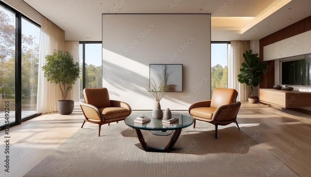 Fototapeta premium Sunlight streams into a minimalist living room illuminating two leather armchairs flanking a glass coffee table