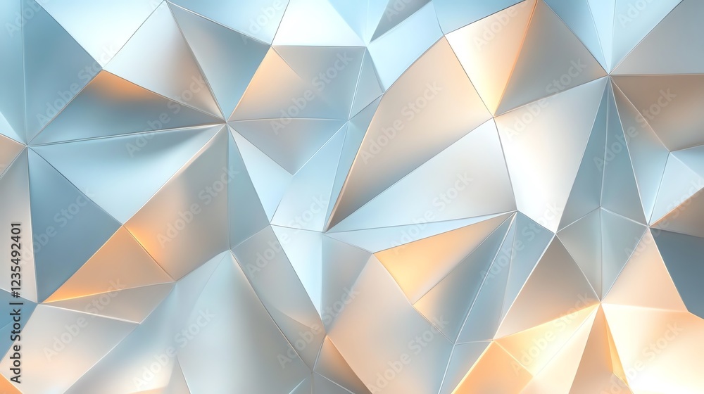 Obraz premium Geometric Abstract Pattern Featuring Metallic Facets and Soft Light Reflections in Shades of Blue and Silver