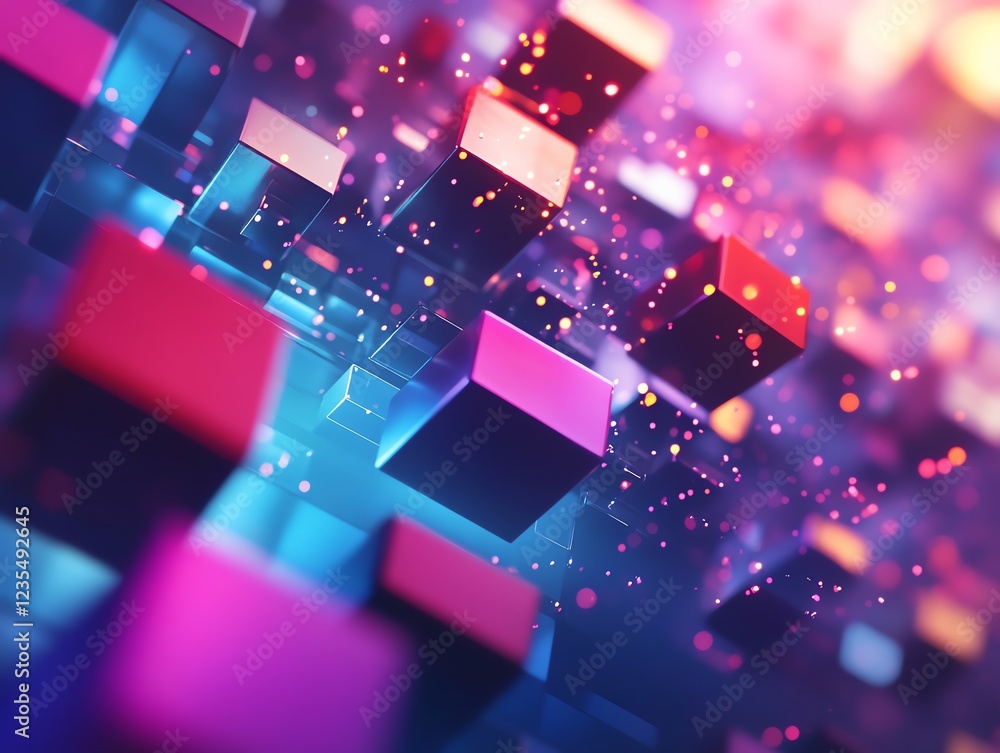 Colorful Abstract Cubes Floating in a Digital Space With Glowing Particles at Night Colorful Abstract Cubes Floating in a Digital Space With Glowing Particles at Night