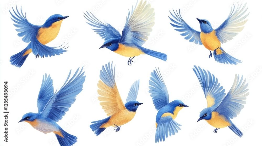 Fototapeta premium Digital set of beautifully rendered flying birds in blue and yellow tones, isolated for versatile design applications.