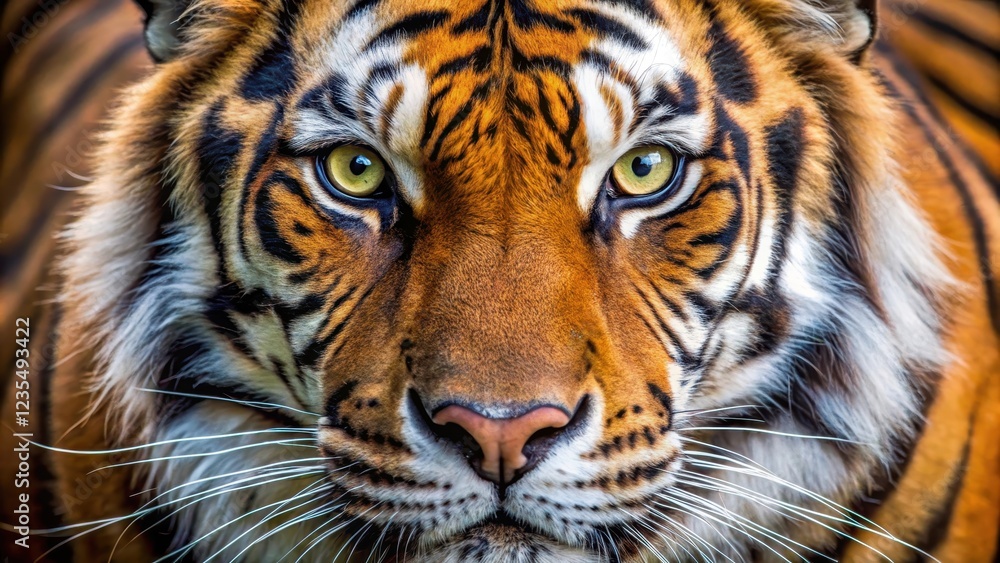 Obraz premium A tigers face is seen up close with its eyes gleaming intensely as it stares forward with its whiskers and nostrils flared in a fierce expression, close-up, wildlife
