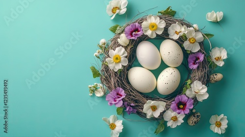 Easter-themed flat lay with eggs and flowers artfully arranged in a nest on a bright turquoise background.