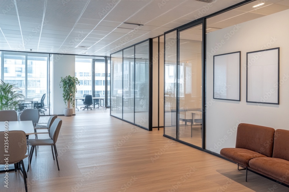 Fototapeta premium Modern office interior with glass partitions, meeting table, and seating area.