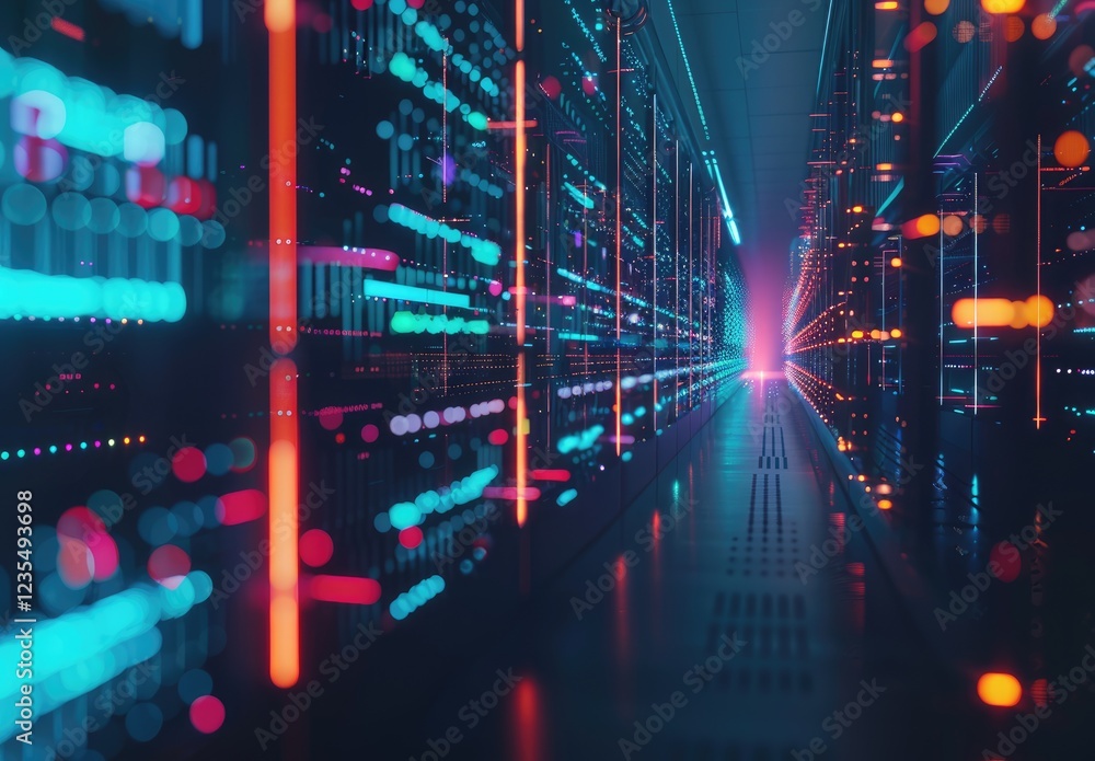 Obraz premium A futuristic data center hallway with glowing neon lights reflecting off sleek server racks, creating a vibrant and dynamic atmosphere. Ideal for showcasing advanced technology and IT infrastructure