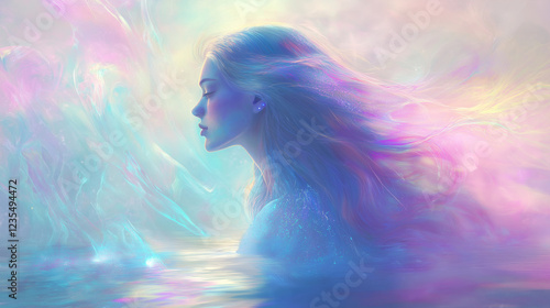 A surreal fantasy portrait of a woman with flowing iridescent hair, immersed in a dreamlike pastel world, radiating ethereal beauty, soft light, and celestial harmony.