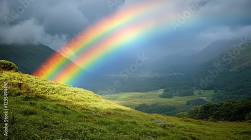 A vibrant rainbow arches over a lush green landscape, surrounded by dramatic mountains and cloudy skies, creating a picturesque natural scene.