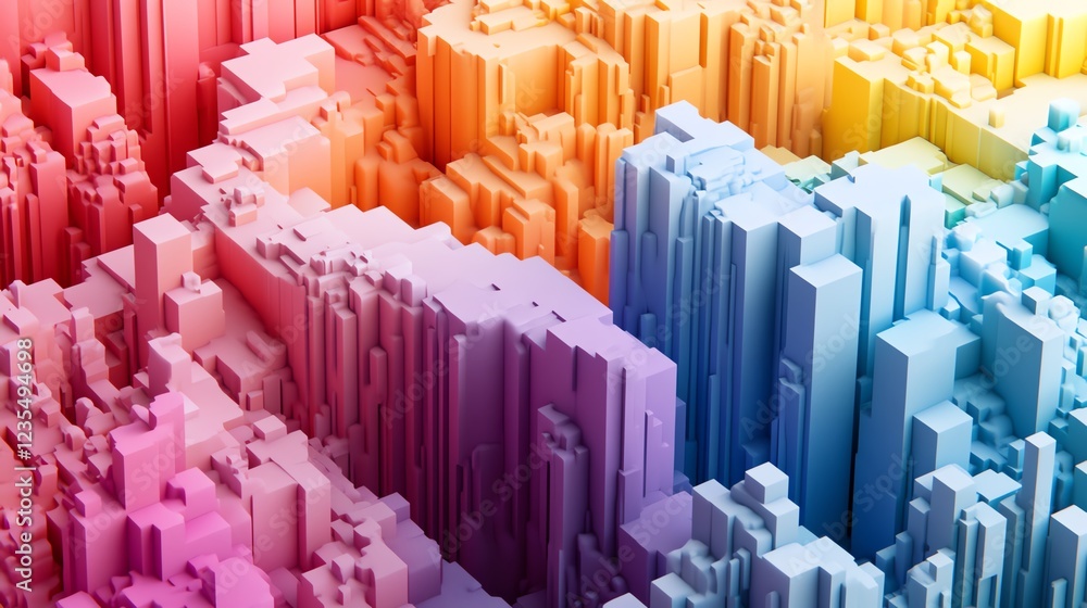 Fototapeta premium Colorful 3D Landscape With Geometric Formations and Gradient Hues Showcasing a Vibrant Digital Environment