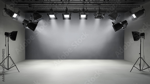 Professional television studio interior with dramatic spotlights illuminating an empty modern set, shallow depth of field effect using f/2.0mm lens, ideal for media production and broadcast concepts photo