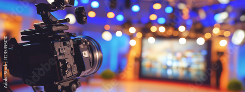 Professional television studio interior with dramatic spotlights illuminating an empty modern set, shallow depth of field effect using f/2.0mm lens, ideal for media production and broadcast concepts photo