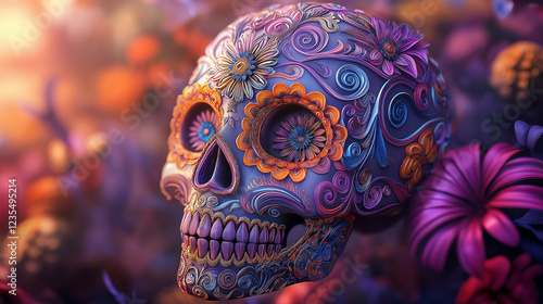 A breathtakingly detailed sugar skull decorated with intricate floral patterns, glowing in vibrant hues, capturing the spirit of Día de los Muertos in a surreal artistic composition.