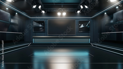 Modern television studio with intense spotlights illuminating minimalist empty stage, shallow depth of field captured by f/2.0mm lens for media production and advertising concepts photo