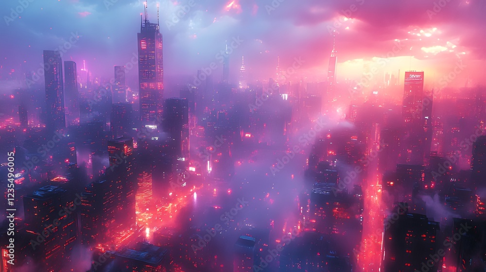 Obraz premium Futuristic city aerial, rain, sunset, neon lights, dystopian