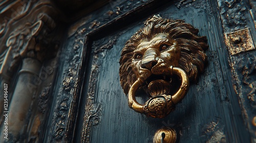 Ornate lion door knocker glows mysteriously dark teal door. AI Generated