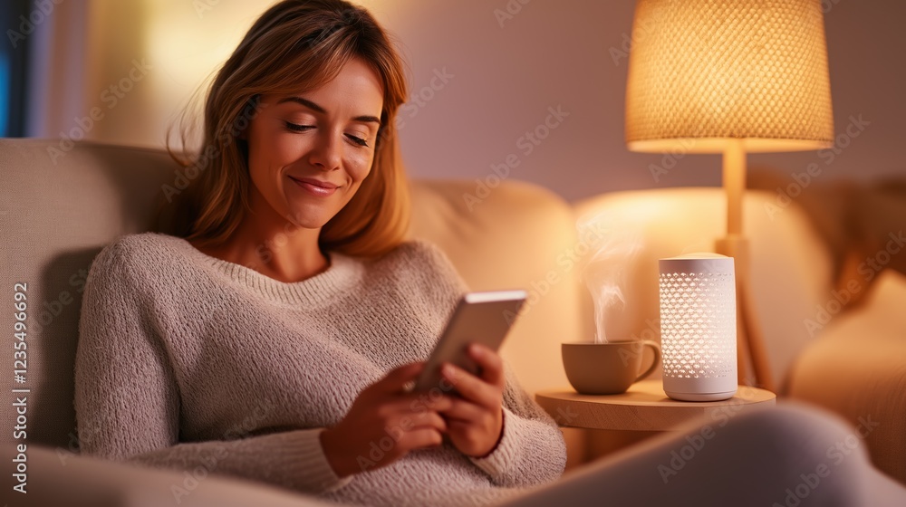 Woman relaxing on sofa, scrolling smartphone, sipping drink under soft lamp, embodying home comfort and tranquil evening mood Woman relaxing on sofa, scrolling smartphone, sipping drink under soft lamp, embodying home comfort and tranquil evening mood