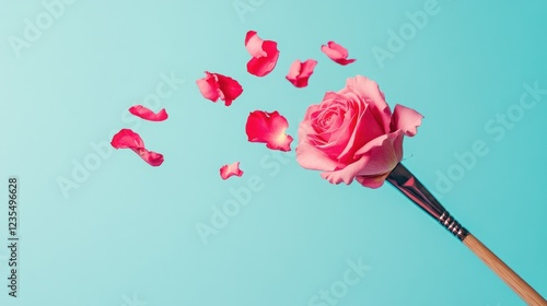 Wallpaper Mural Pink rose painted with brush, petals flying, blue background, art concept Torontodigital.ca