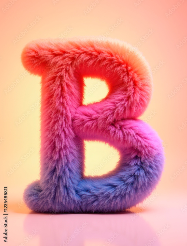 The letter B is covered in fluffy soft fur on pastel background The letter B is covered in fluffy soft fur on pastel background