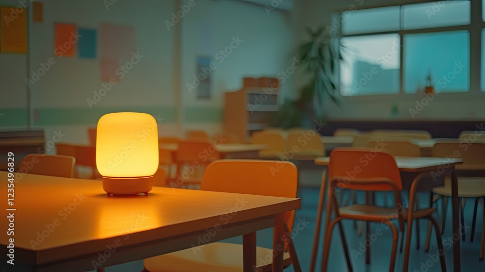 Quiet classroom at dusk with low lighting, a glowing desk lamp on the teacher's desk, and empty chairs. Quiet classroom at dusk with low lighting, a glowing desk lamp on the teacher's desk, and empty chairs.