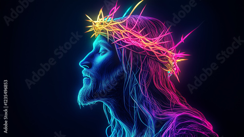 A striking neon digital illustration of Jesus Christ with a glowing crown of thorns, blending spirituality with modern artistic expression in vibrant colors and futuristic design.