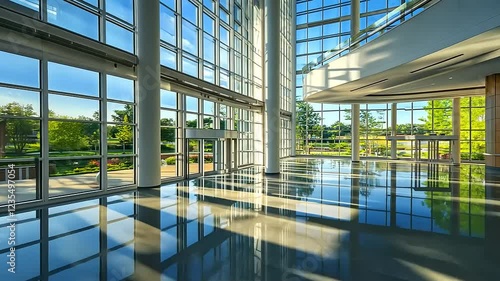 Modern architectural interior showcasing expansive glass windows and reflective floor, with greenery outside