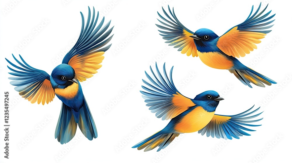 Obraz premium Set of vibrant flying birds with blue and yellow feathers, isolated on a white backdrop for creative use.