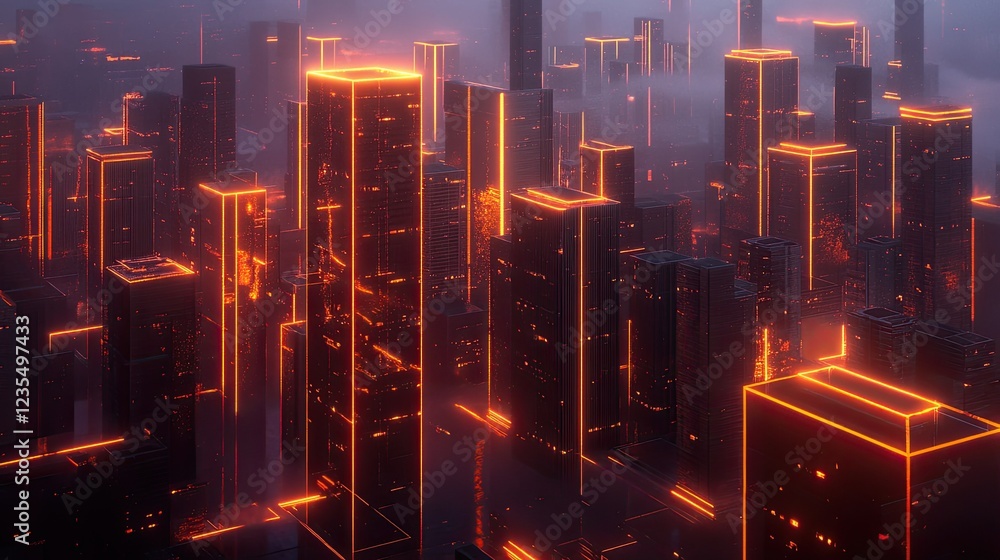 Smart city concept with buildings interconnected by glowing lines symbolizing AI-powered wireless communication. Smart city concept with buildings interconnected by glowing lines symbolizing AI-powered wireless communication.