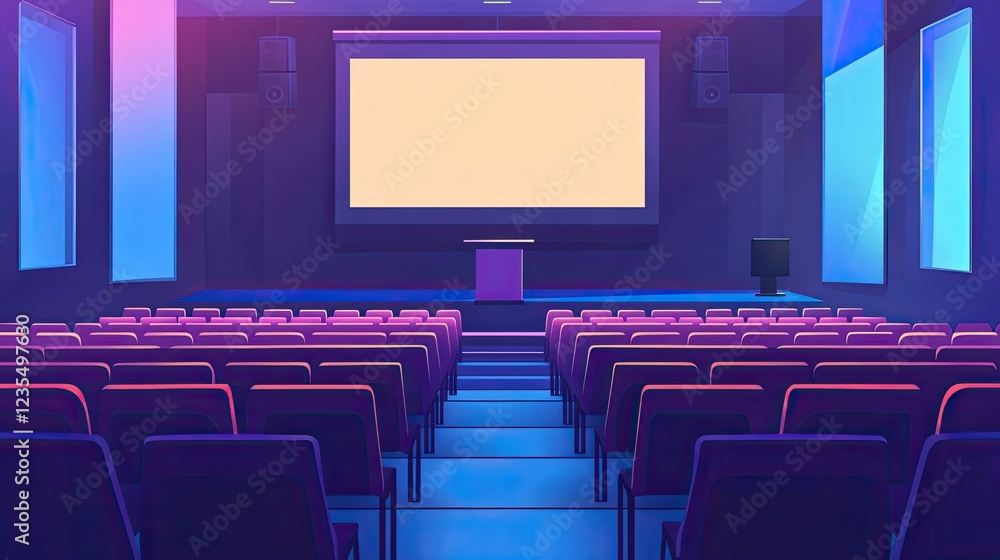 Fototapeta premium Spacious lecture room with rows of tiered seats, a large blank screen for presentations, and a podium waiting for the speaker.