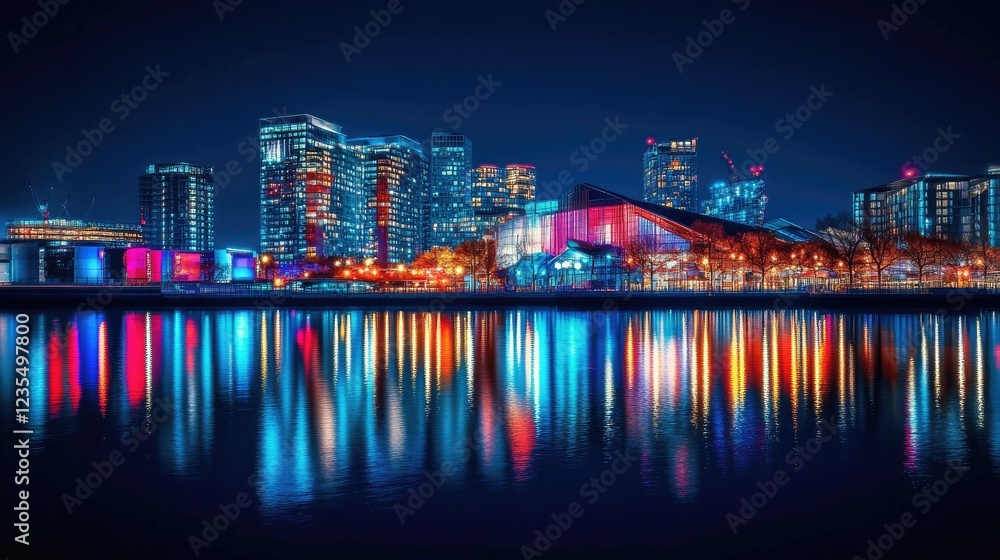 Naklejka premium Stunning night view of London skyline with reflections of the lights on the River Thames, highlighting modern architecture.