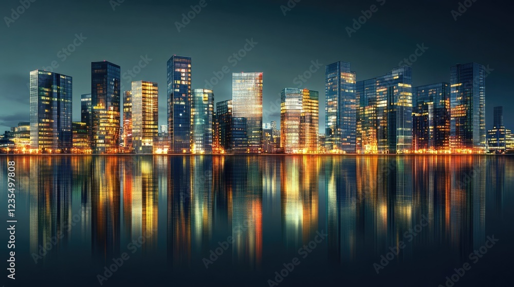 Stunning night view of London skyline with reflections of the lights on the River Thames, highlighting modern architecture. Stunning night view of London skyline with reflections of the lights on the River Thames, highlighting modern architecture.