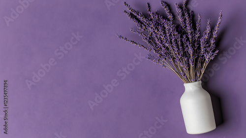 Lavender bouquet in white vase on purple background
