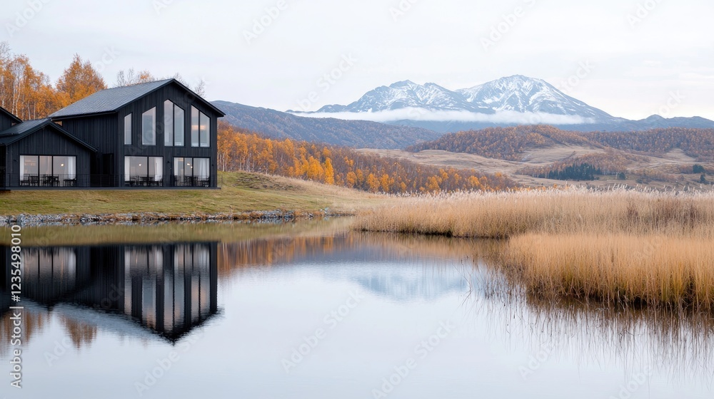 Fototapeta premium Modern house reflecting in lake, autumn mountains