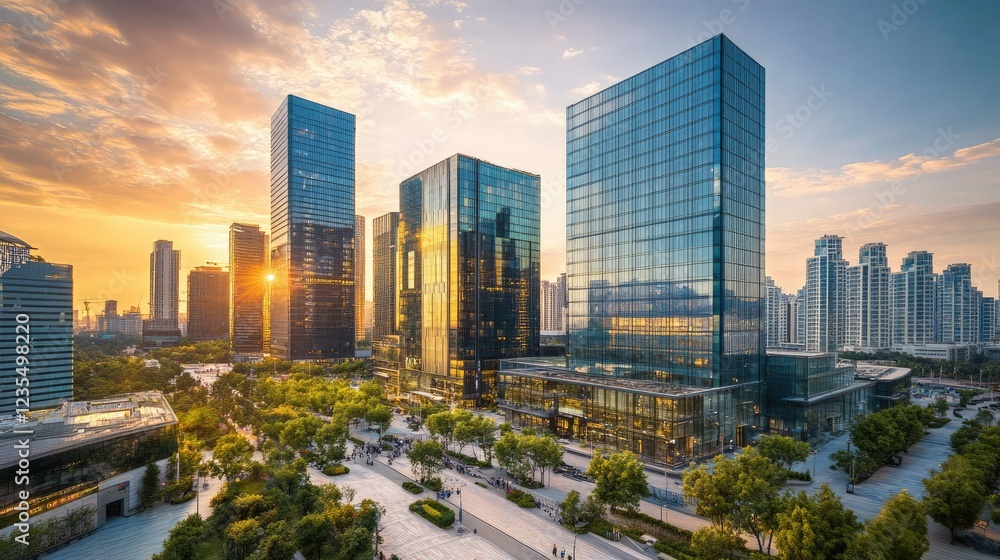 Fototapeta premium Urban skyline with towering glass buildings reflecting sunlight, surrounded by a bustling cityscape.